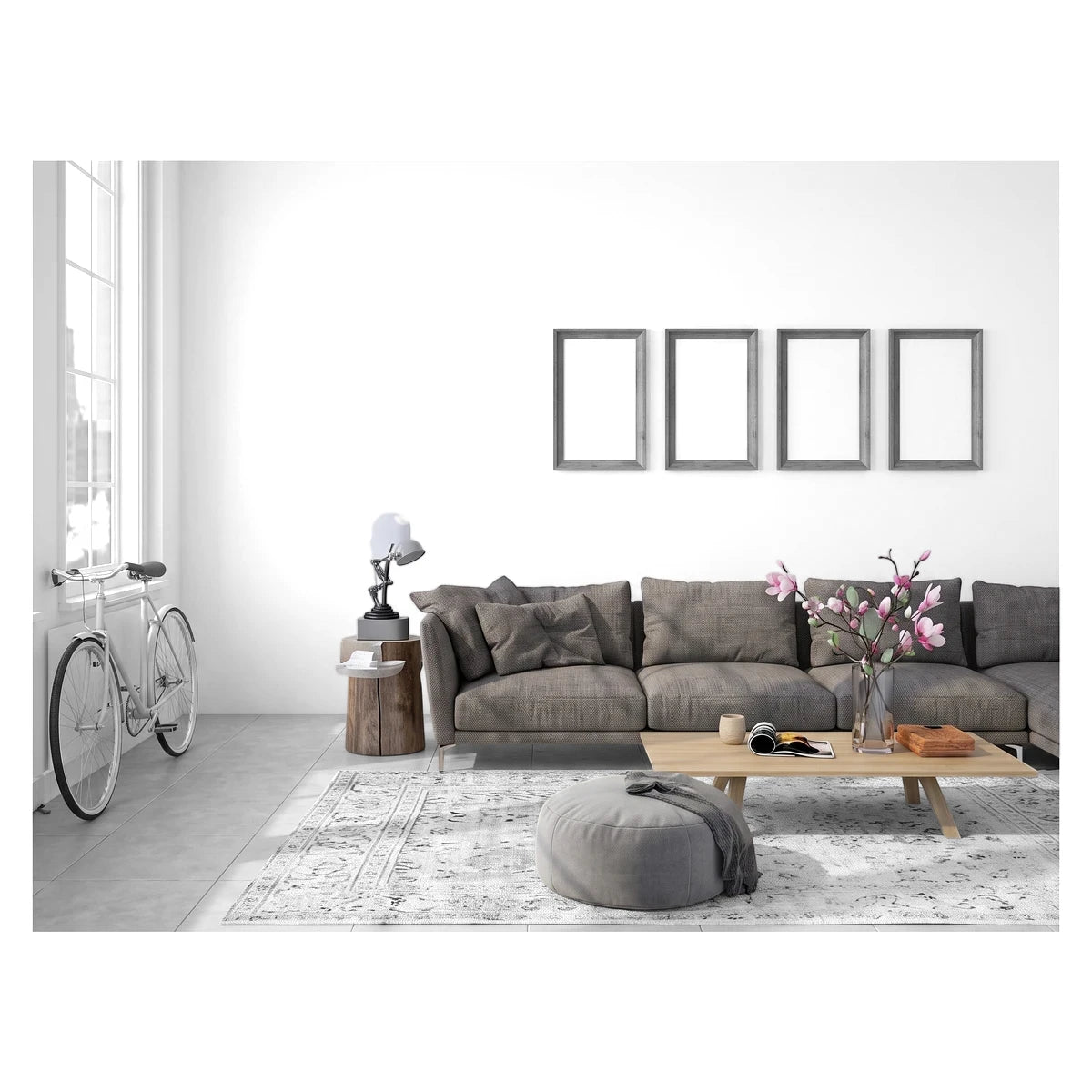 Treehouse Almond 25X49Cm tiles on a living room floor, with a modern gray sofa and bicycle.
