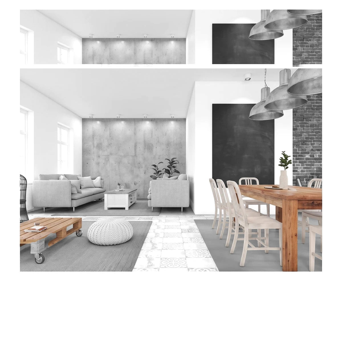 Modern open-plan living and dining room featuring smoke-colored 25x49cm floor tiles, light gray sofas, and a wooden dining