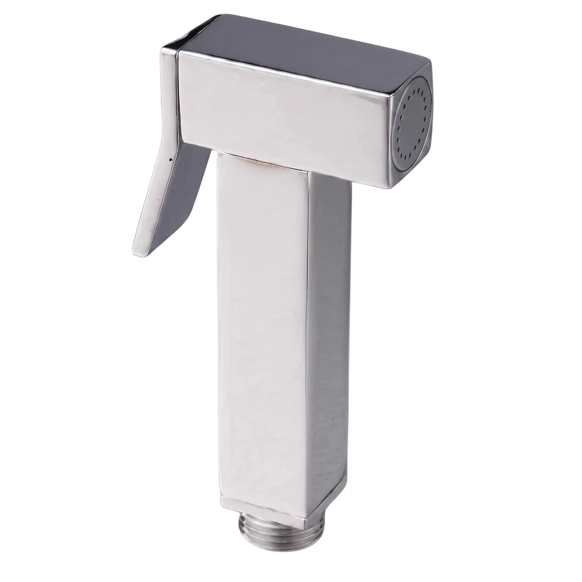 A chrome square L-shaped trigger spray bidet head for plumbing, featuring a sleek silver finish and a dark gray nozzle,