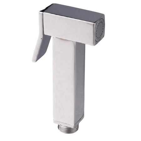 A chrome square L-shaped trigger spray bidet head for plumbing, featuring a sleek silver finish and a dark gray nozzle,