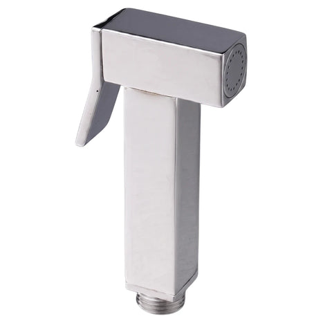 A chrome square L-shaped trigger spray bidet head for plumbing, featuring a sleek silver finish and a dark gray nozzle,