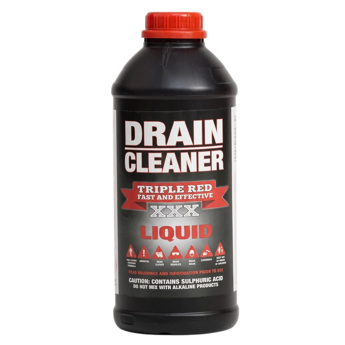 Black 1L Triple Red drain cleaner bottle with a red screw cap and white label detailing its fast and effective liquid