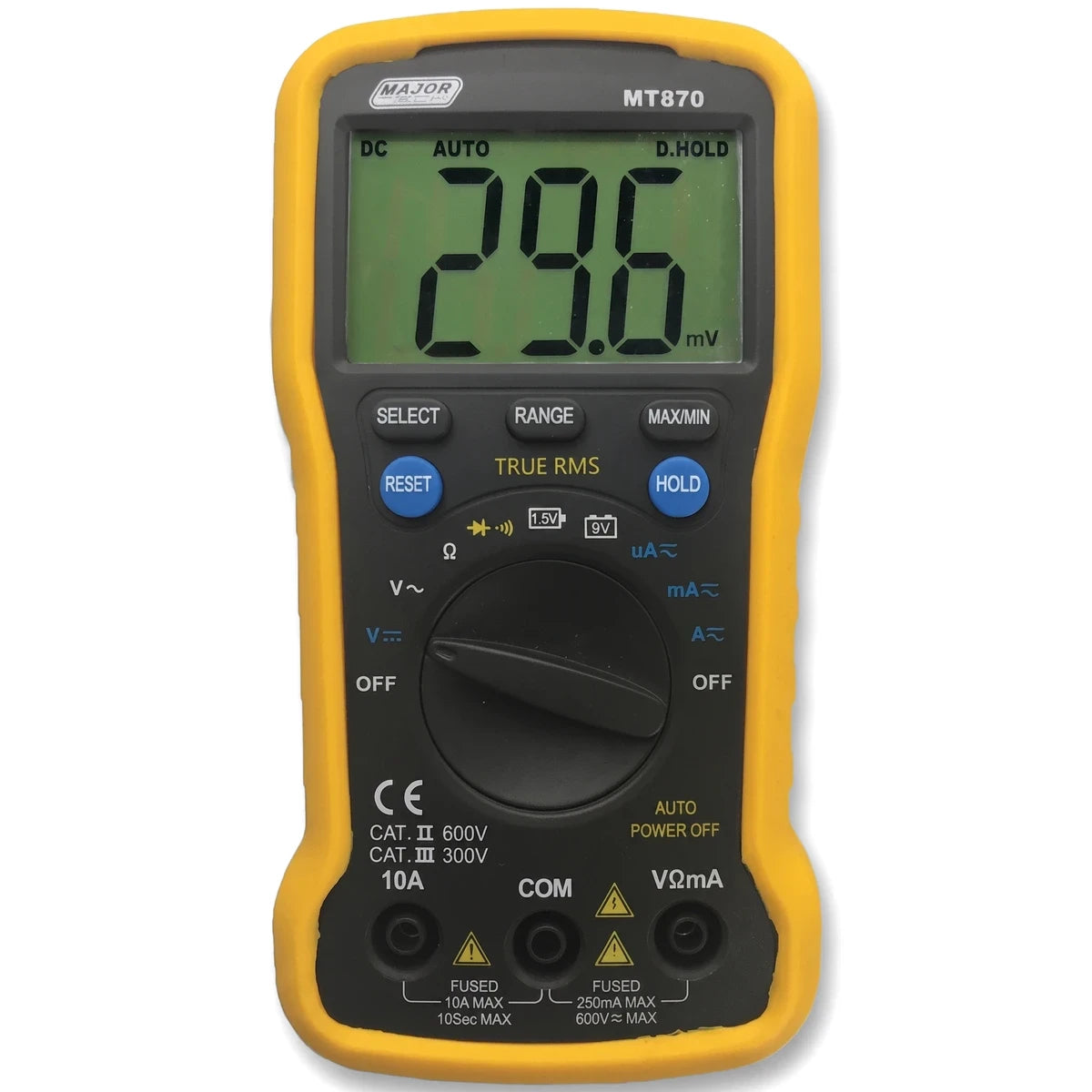 Yellow and black Trms Manual Range Compact Dmm Cw Bat Test 2000 Multimeter with a digital display.
