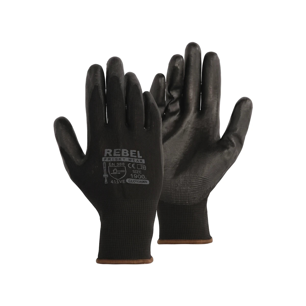 A pair of black Tru Touch PU coated work gloves with knit cuffs, featuring the Rebel brand logo and safety certifications on