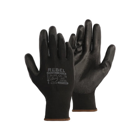 A pair of black Tru Touch PU coated work gloves with knit cuffs, featuring the Rebel brand logo and safety certifications on