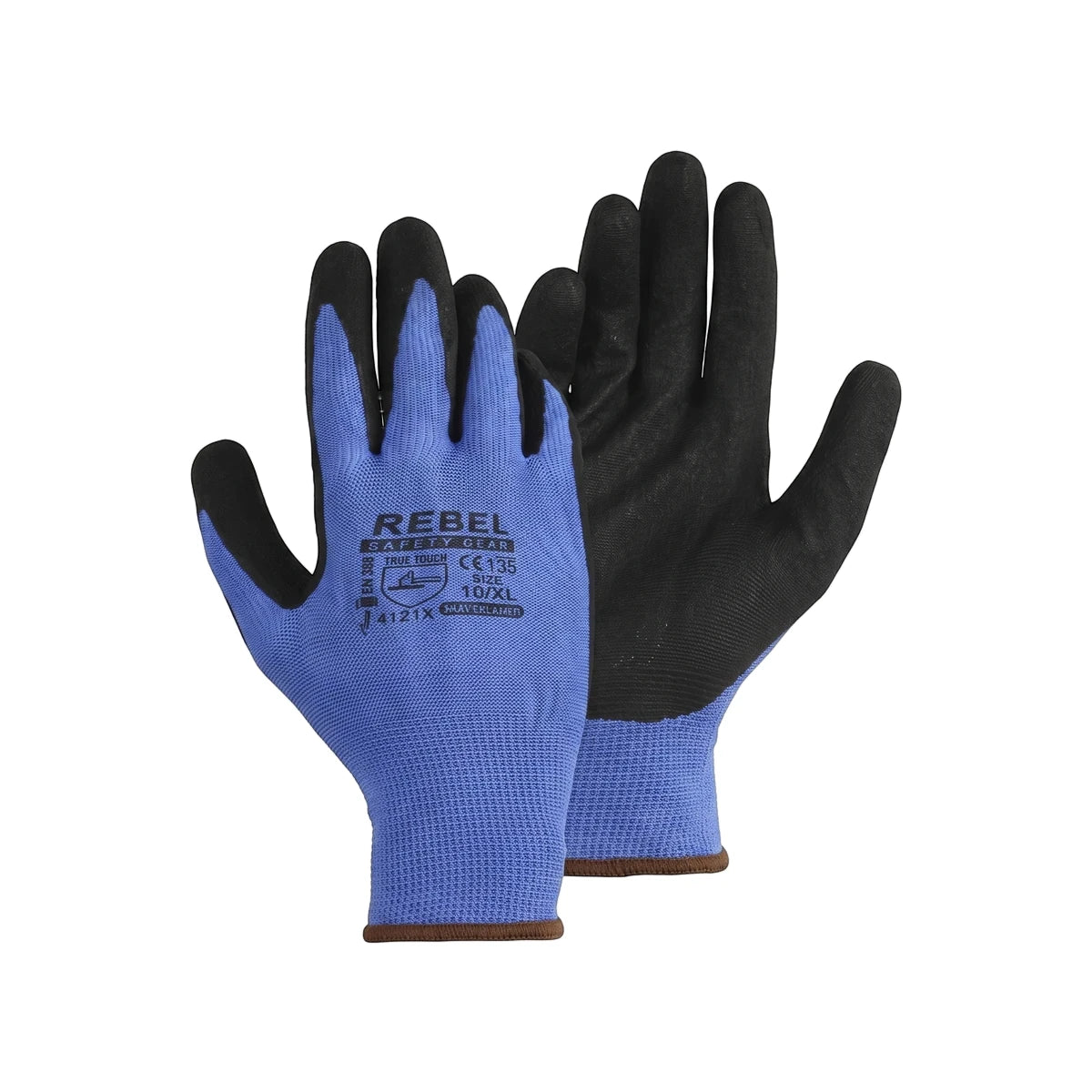 A pair of Tru Touch Blue Sandy Nitrile Gloves in size Large, featuring a blue knit back and black textured palms, displayed.