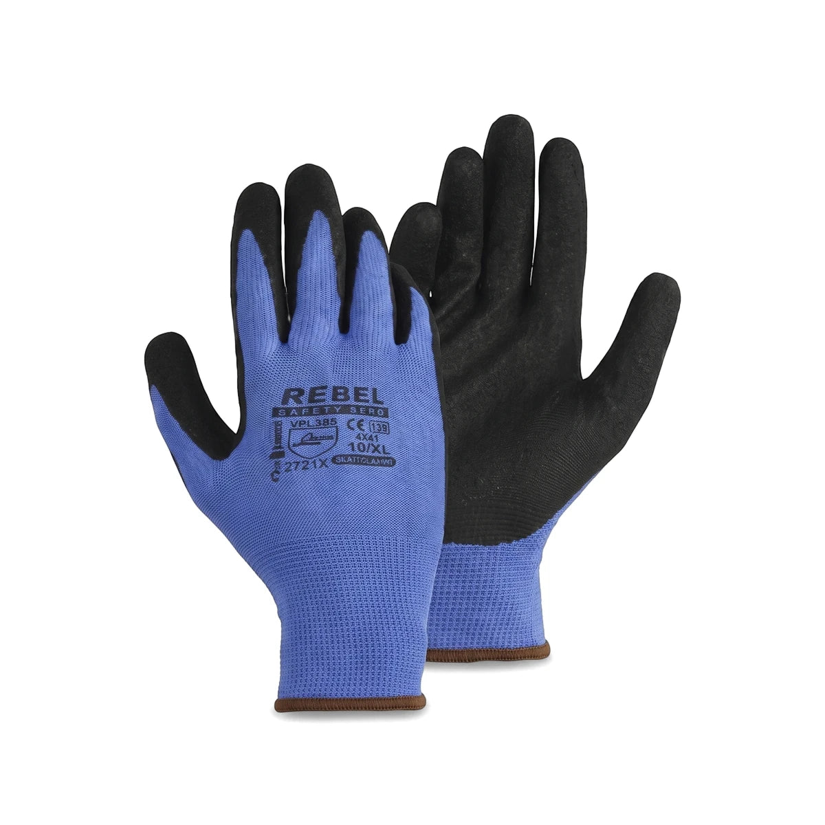 Pair of Tru Touch Blue Sandy Nitrile Gloves in medium size, featuring a blue knit back and black textured palm, for work.