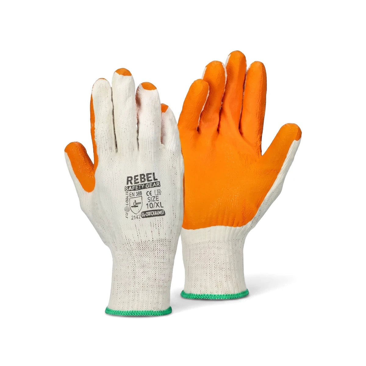 Pair of Tru Touch Crayfish Knit Wrist Gloves - Standard, featuring white knit, orange palms, and green cuffs.