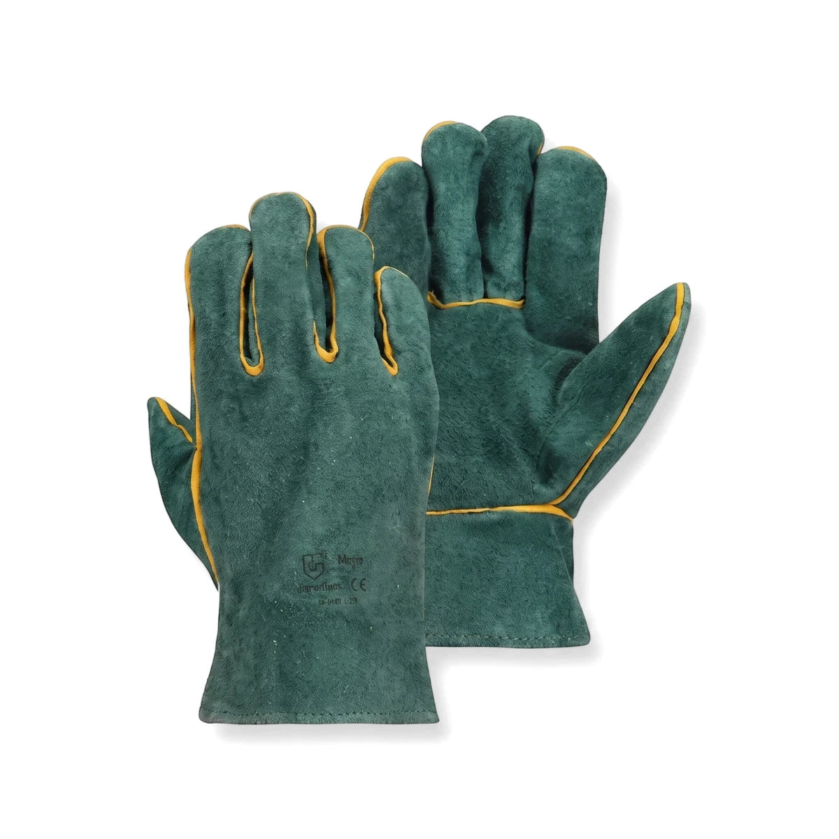 Pair of Tru Touch green leather welders gloves with yellow trim, designed for protection during welding tasks.