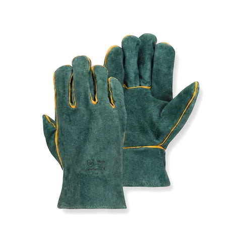 Pair of Tru Touch green leather welders gloves with yellow trim, designed for protection during welding tasks.