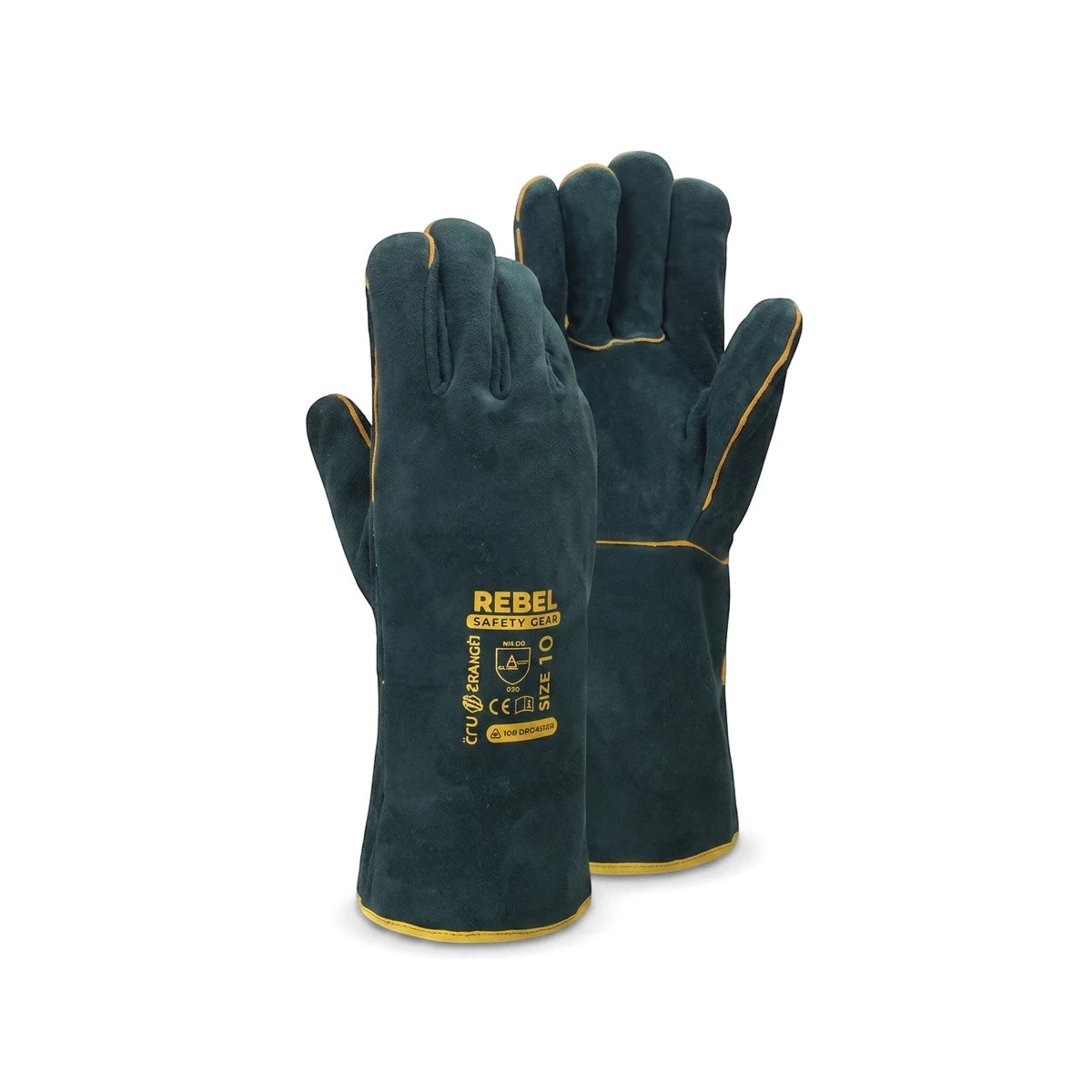 Pair of dark green leather elbow-length welding gloves with yellow stitching and Rebel branding.