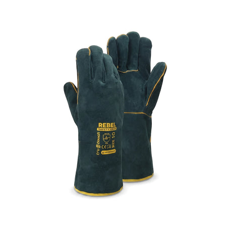 Pair of dark green leather elbow-length welding gloves with yellow stitching and Rebel branding.