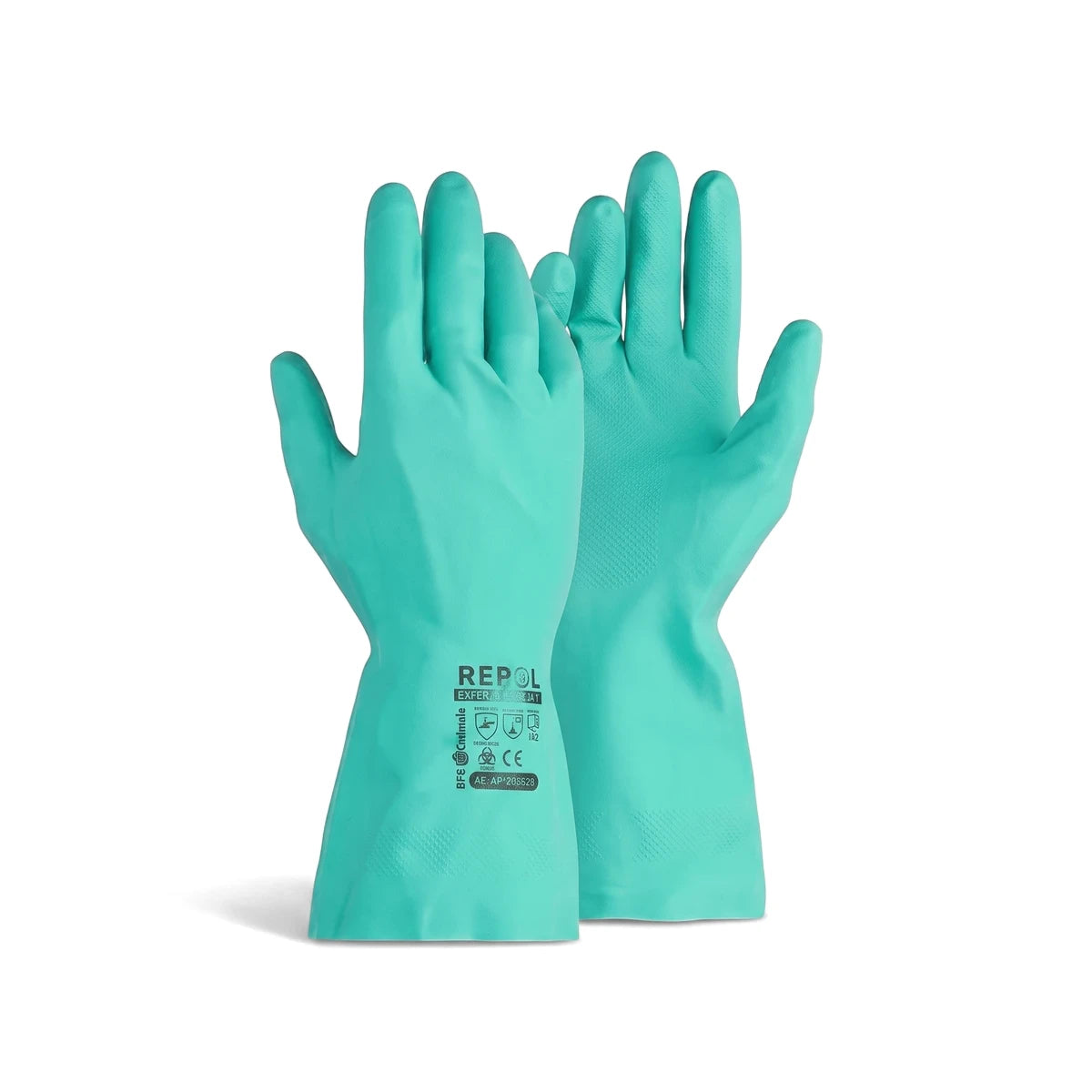 Pair of green Tru Touch nitrile chemical resistant gloves. These durable safety gloves offer protection for various tasks.