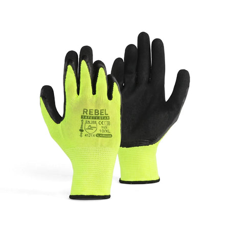 A pair of Tru Touch Hi-Vis Sandy Nitrile Gloves in yellow-green and black, featuring textured palms, displayed on a white