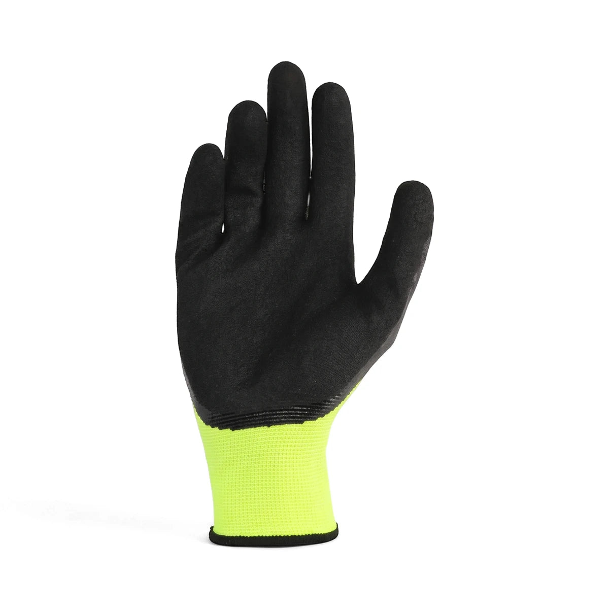 A single black Tru Touch Hi-Vis Sandy Nitrile work glove with a bright neon yellow cuff, palm facing forward, for industrial
