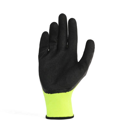 A single black Tru Touch Hi-Vis Sandy Nitrile work glove with a bright neon yellow cuff, palm facing forward, for industrial