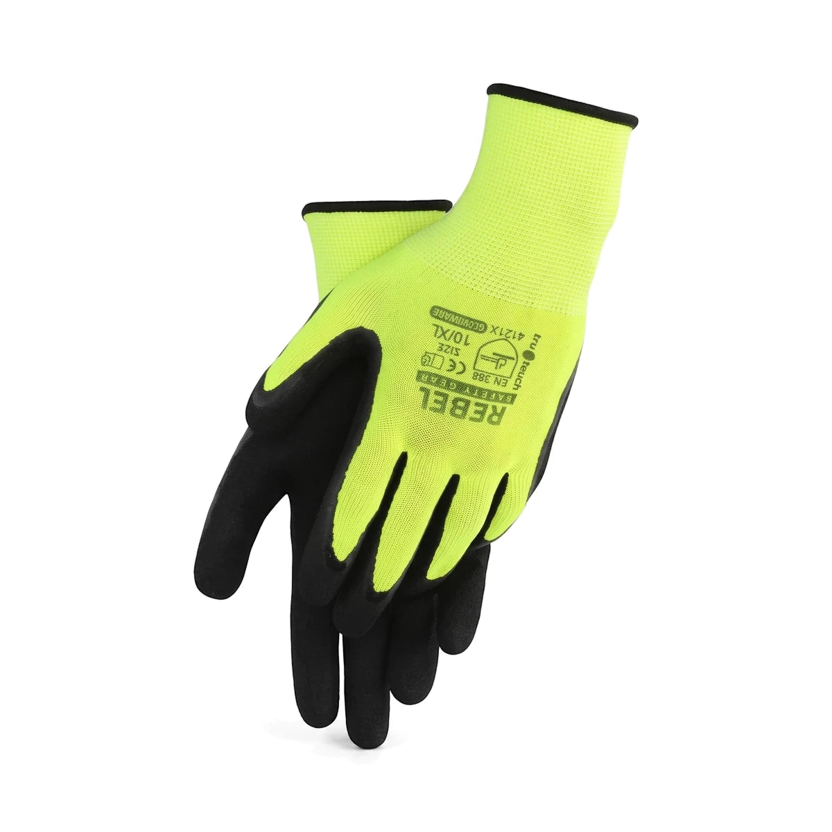 Pair of Tru Touch Hi-Vis Sandy Nitrile work gloves in neon yellow and black, arranged on a white background.