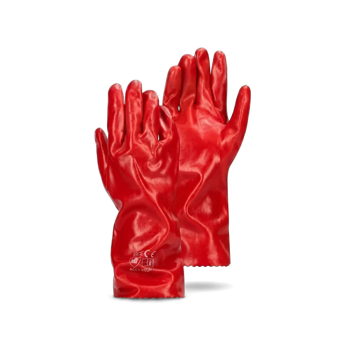 Pair of Tru Touch red PVC standard elbow-length work gloves, displayed upright against a white background.