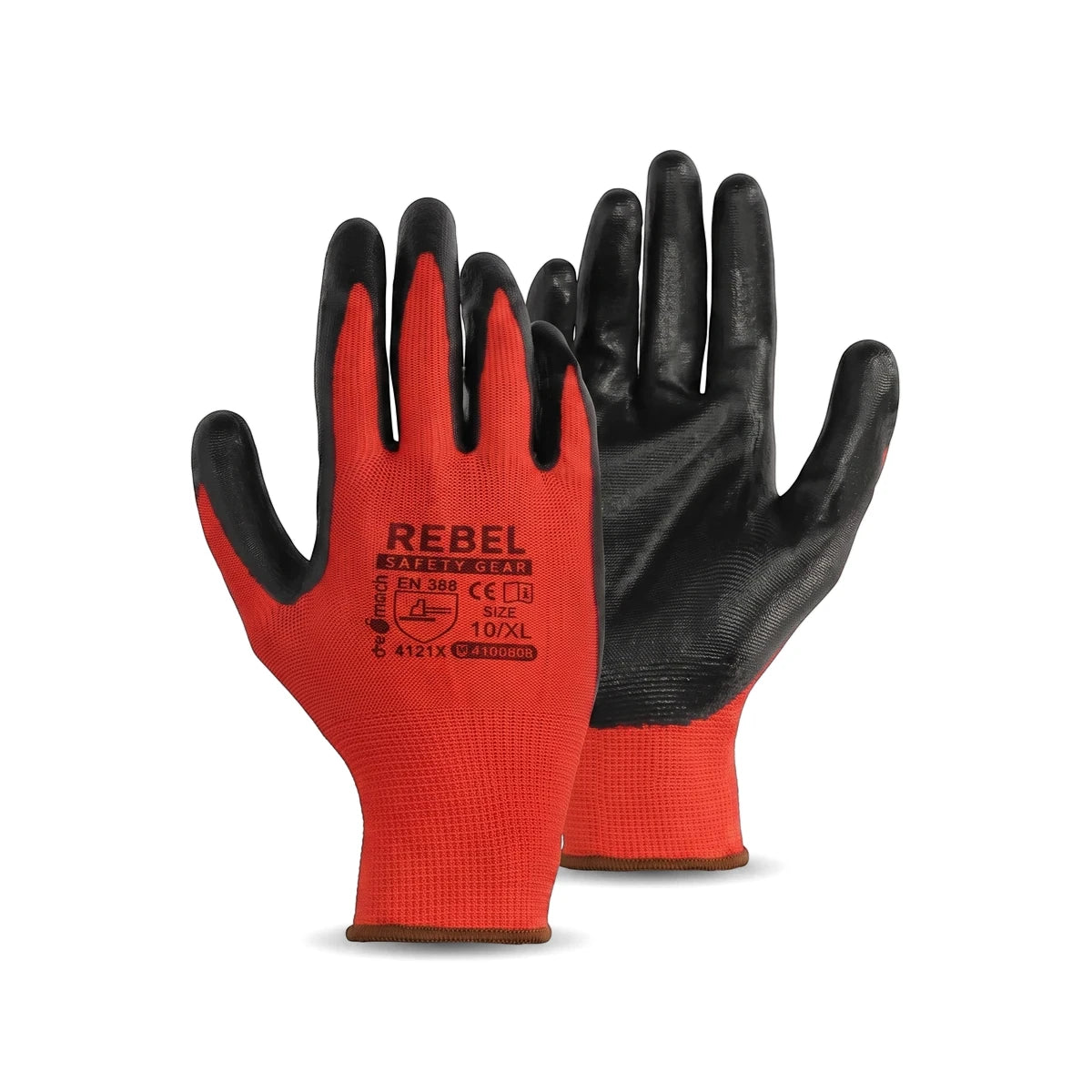 Pair of Tru Touch Red Smooth Nitrile Gloves, size X-Large, featuring black palms and red backs for safety.