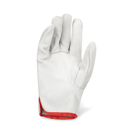 A single white Tru Touch Vip Goat Skin Driver Glove, size 10, featuring a red trim on the cuff, presented palm-up.