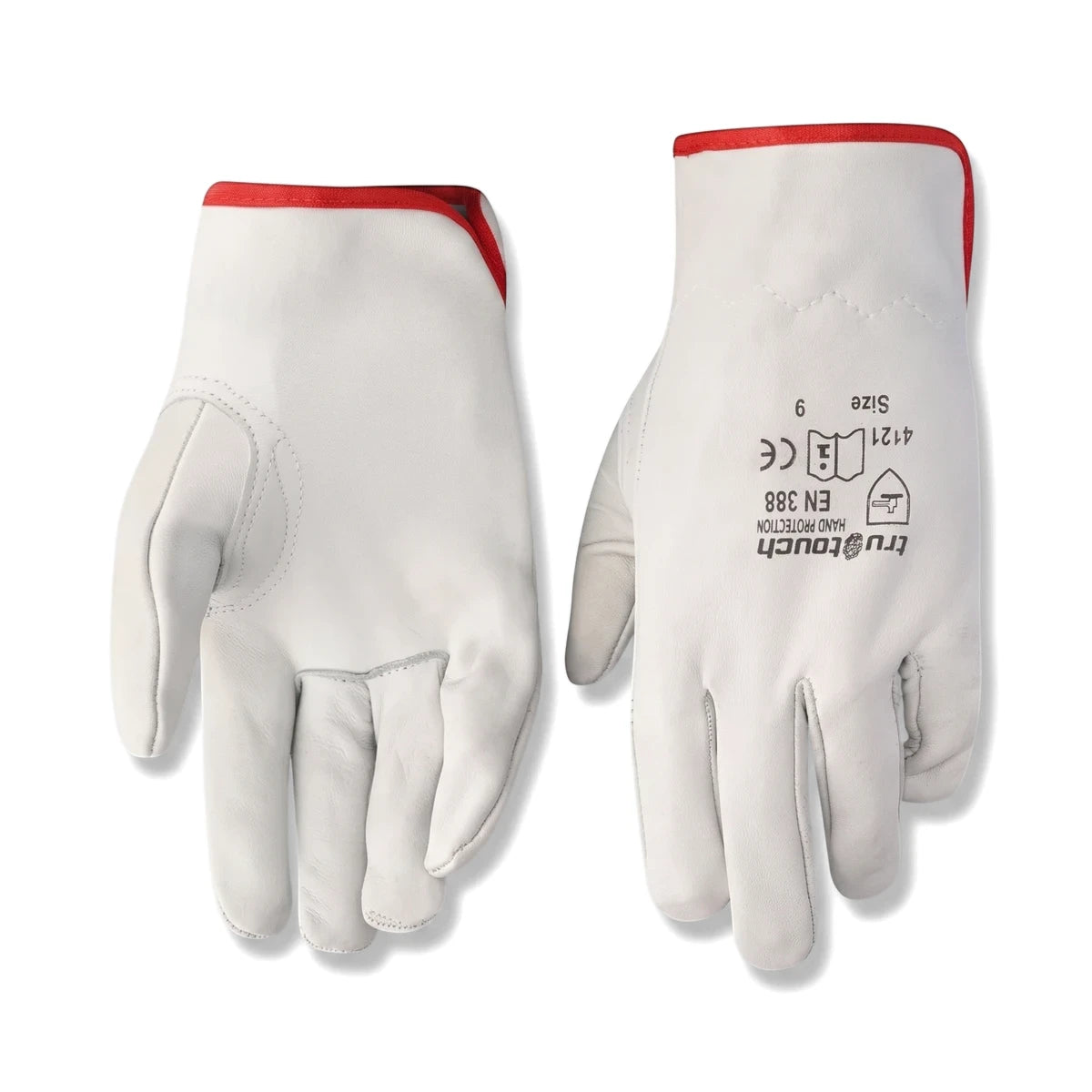 A pair of Tru Touch Vip Goat Skin Driver Gloves, white with red trim, displayed on a clean surface showing both palm and