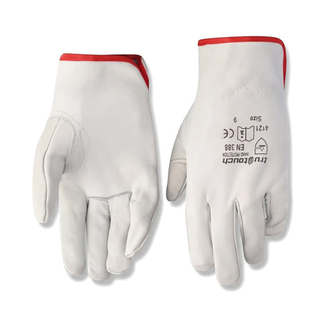 A pair of Tru Touch Vip Goat Skin Driver Gloves, white with red trim, displayed on a clean surface showing both palm and