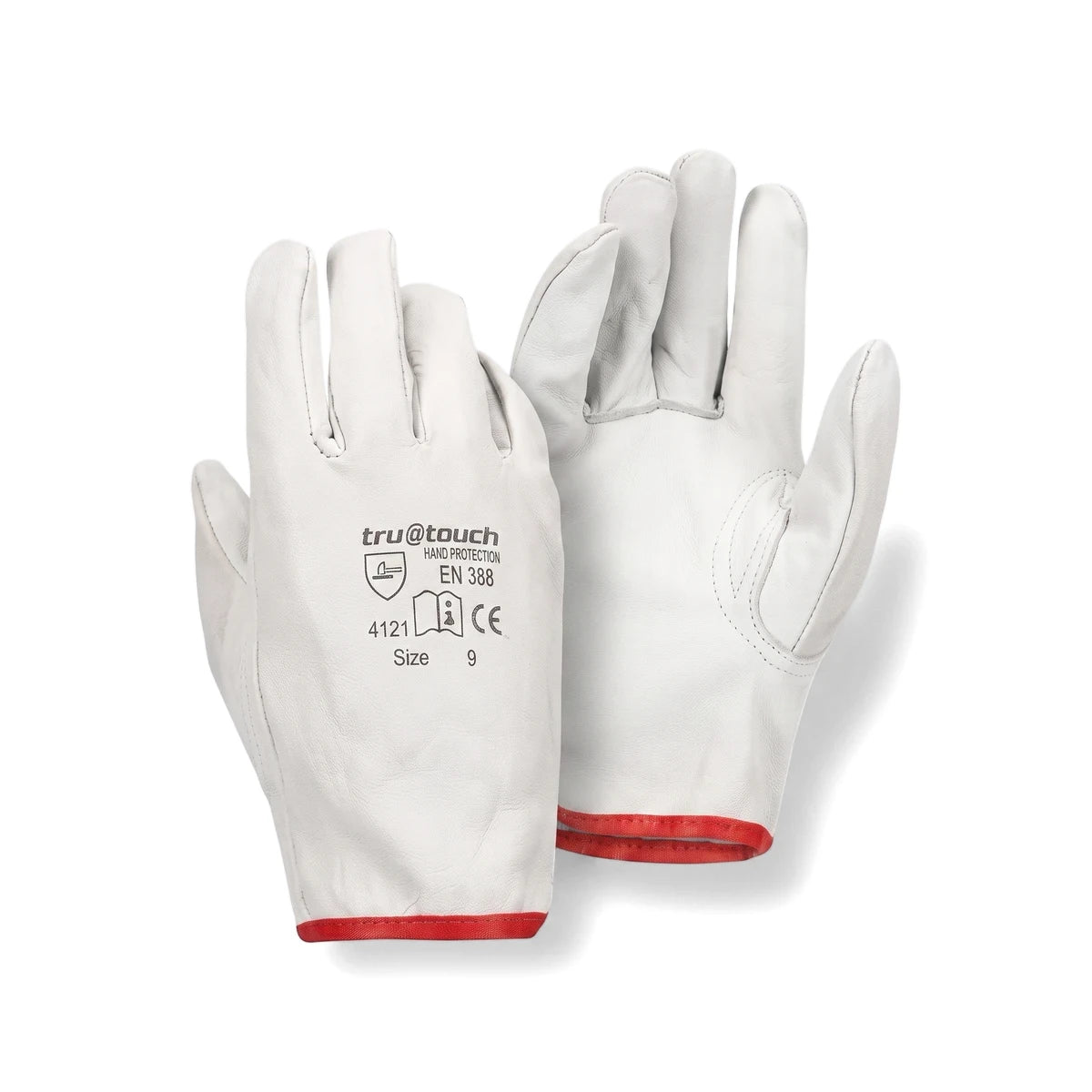 Pair of white Tru Touch Vip Goat Skin Driver Superior Gloves, Size 9, with red cuffs, displayed on a white background.