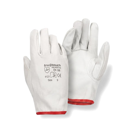 Pair of white Tru Touch Vip Goat Skin Driver Superior Gloves, Size 9, with red cuffs, displayed on a white background.
