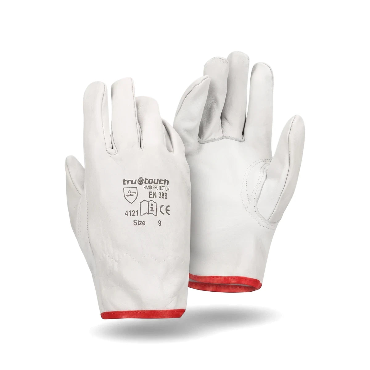 Pair of Tru Touch Vip white goat skin driver gloves with red cuffs, size 10, shown on a white background.