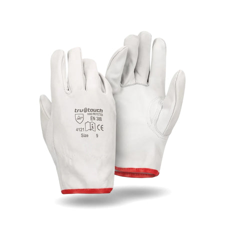 Pair of Tru Touch Vip white goat skin driver gloves with red cuffs, size 10, shown on a white background.