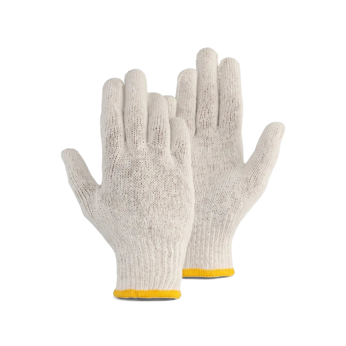 Pair of white cotton knit wrist gloves with yellow ribbed cuffs, shown facing upwards on a plain background.