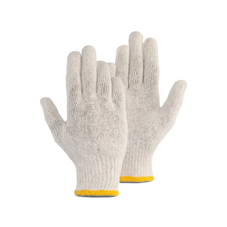 Pair of white cotton knit wrist gloves with yellow ribbed cuffs, shown facing upwards on a plain background.