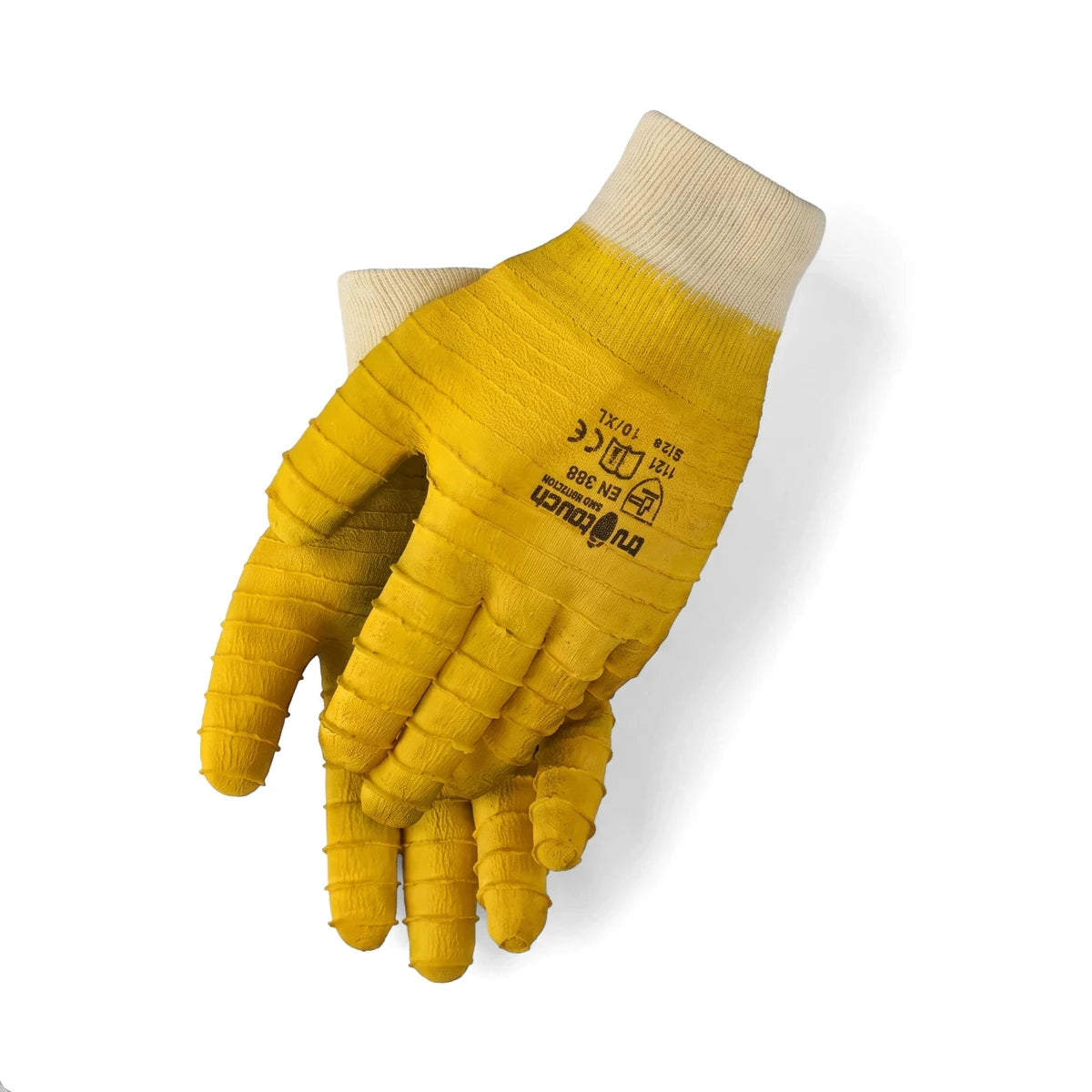 Pair of yellow Tru Touch Comarex protective knit wrist gloves with textured palms, viewed slightly from above.