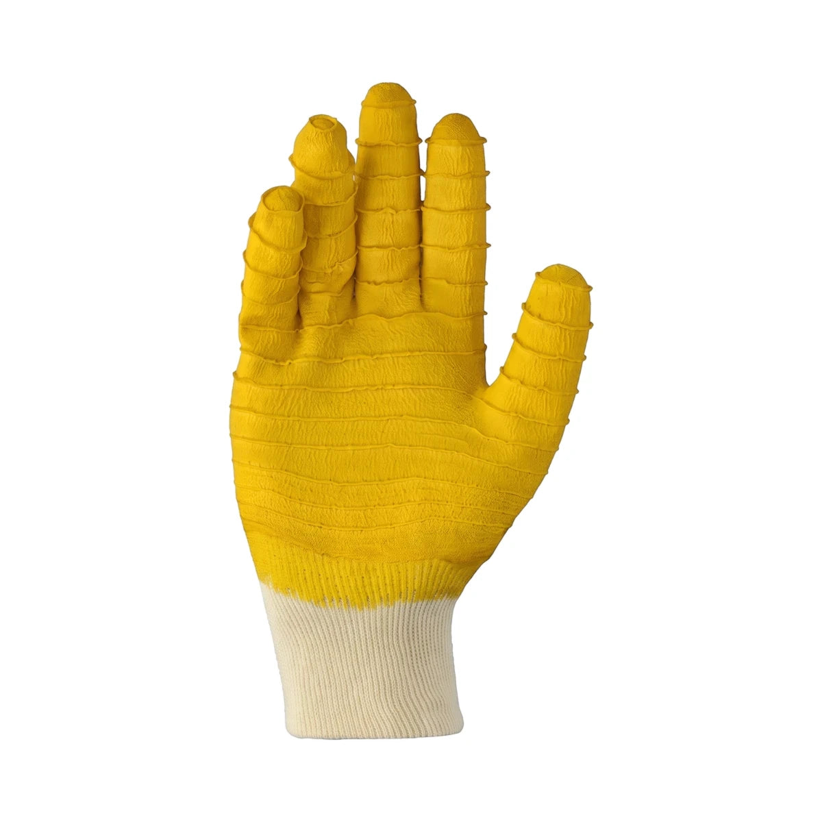 A single Tru Touch Standard yellow Comarex knit wrist work glove displayed vertically on a white background.