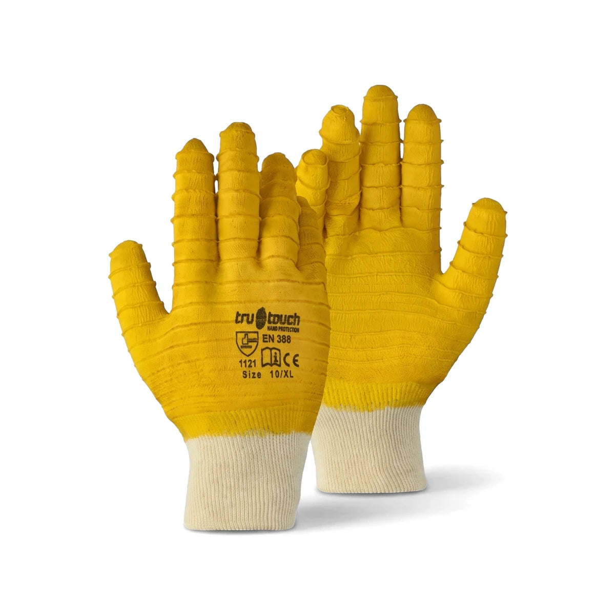 Pair of yellow Tru Touch Comarex knit wrist gloves with textured grip and white cuffs, featuring a visible brand logo.