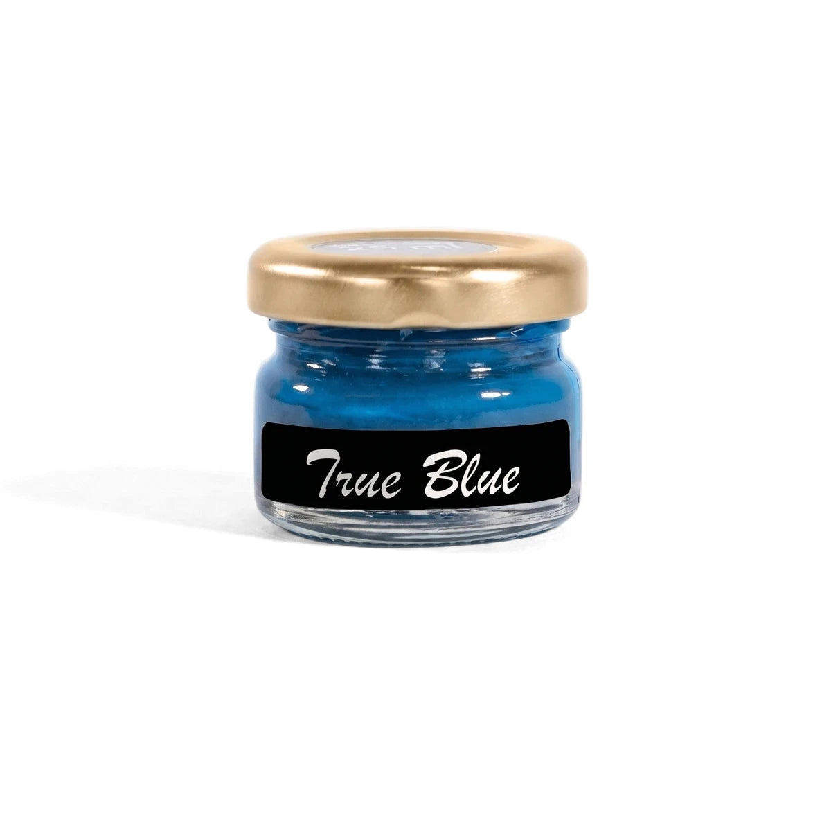 True Blue 25ml chalk paint in a clear glass jar with a gold lid and a black label, sitting on a wooden shelf.