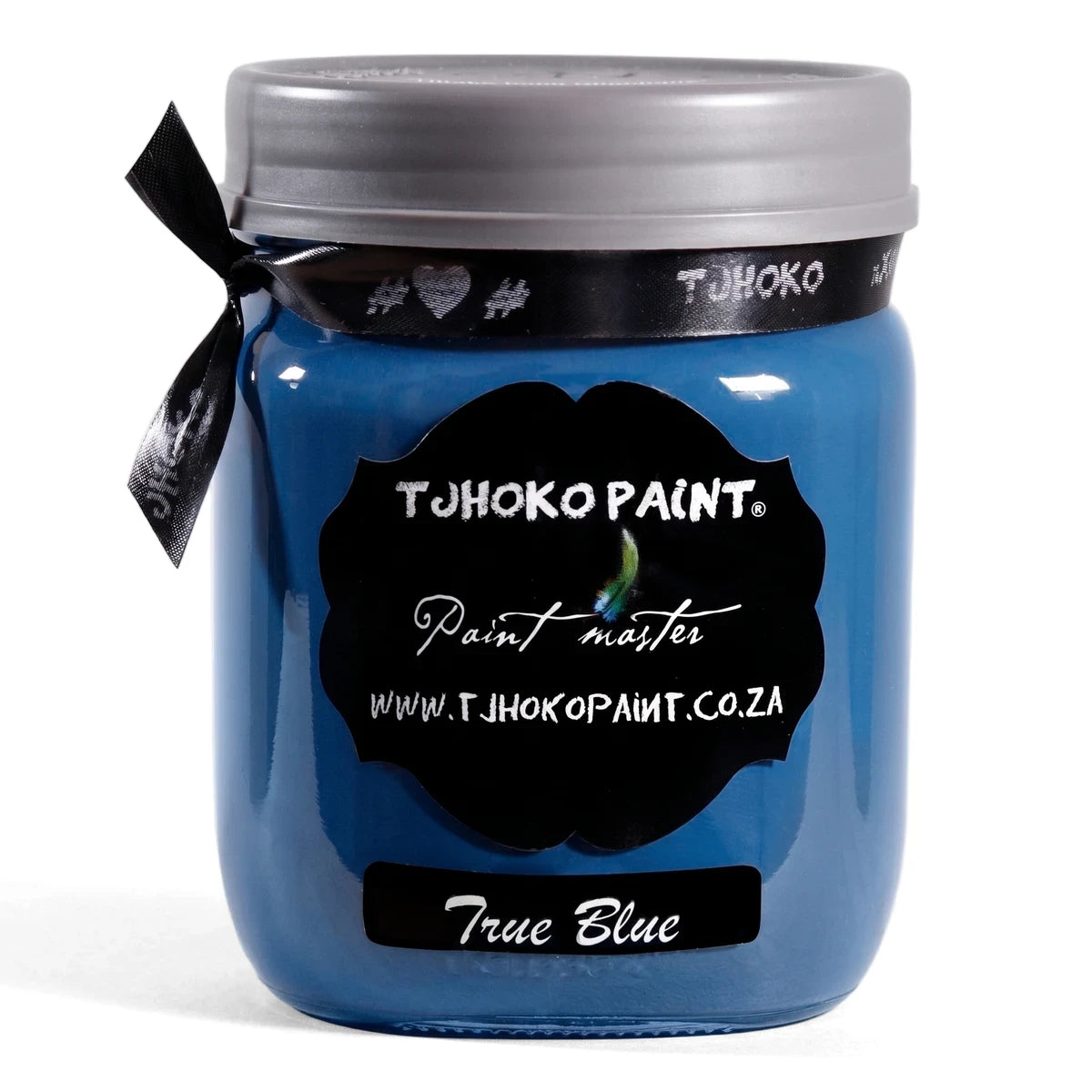 True Blue 500ml Chalk Paint jar with a gray lid and black ribbon, showcasing its vibrant blue color.