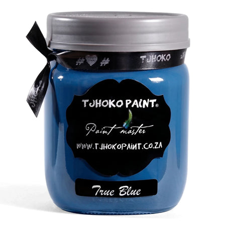 True Blue 500ml Chalk Paint jar with a gray lid and black ribbon, showcasing its vibrant blue color.