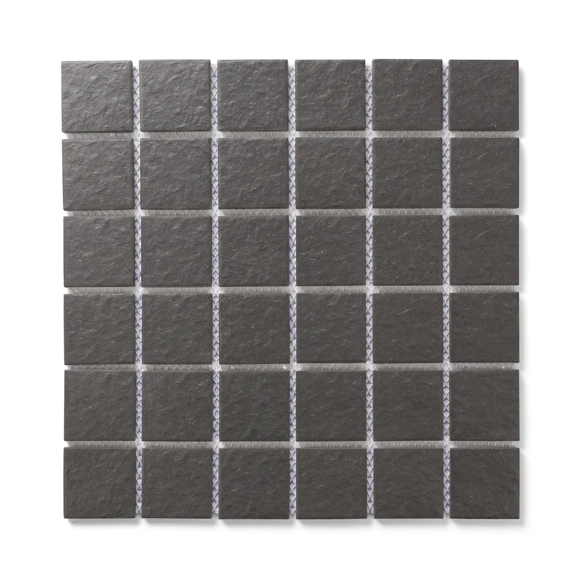 True Dark Grey Square Matte Mosaic Tile sheet, 45mm, showing the textured surface and white mesh backing from an overhead