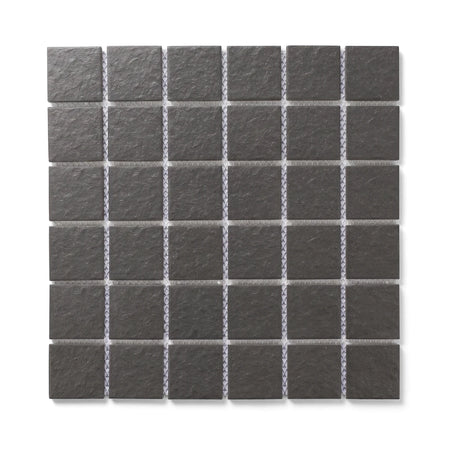 True Dark Grey Square Matte Mosaic Tile sheet, 45mm, showing the textured surface and white mesh backing from an overhead