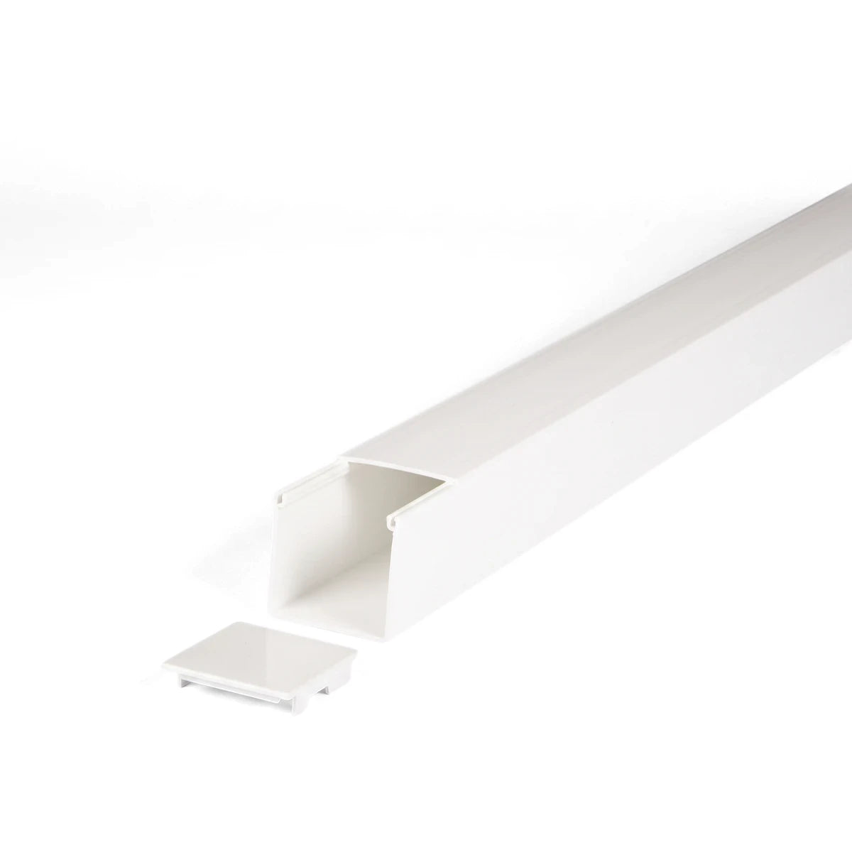 White PVC electrical trunking 50x50x3m with a detached end cap, shown at an angle on a plain background.