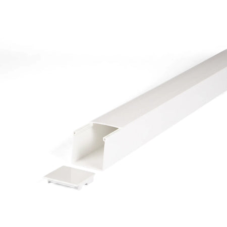 White PVC electrical trunking 50x50x3m with a detached end cap, shown at an angle on a plain background.