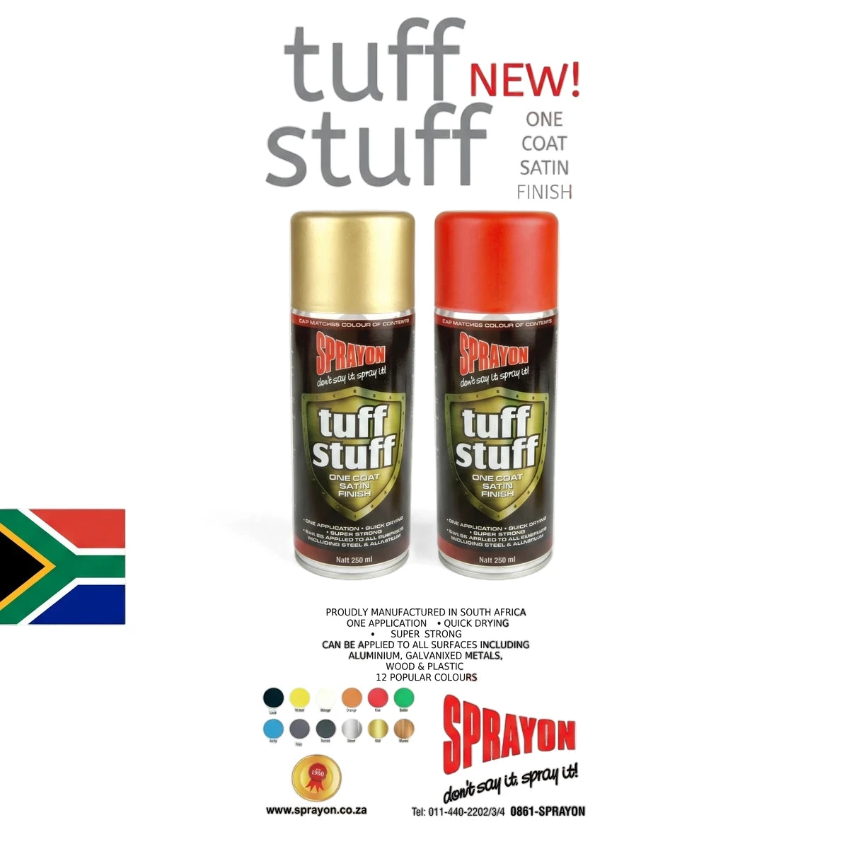 Tuff Stuff Filler spray paint in gold and red cans, featuring a one-coat satin finish and 12 popular colors.