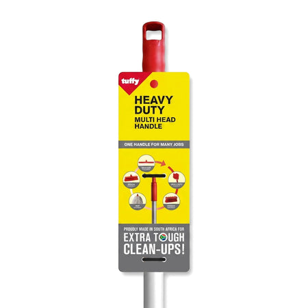 Tuffy Heavy Duty Multi Head Handle in red, yellow, and gray, showcasing various compatible cleaning attachments for