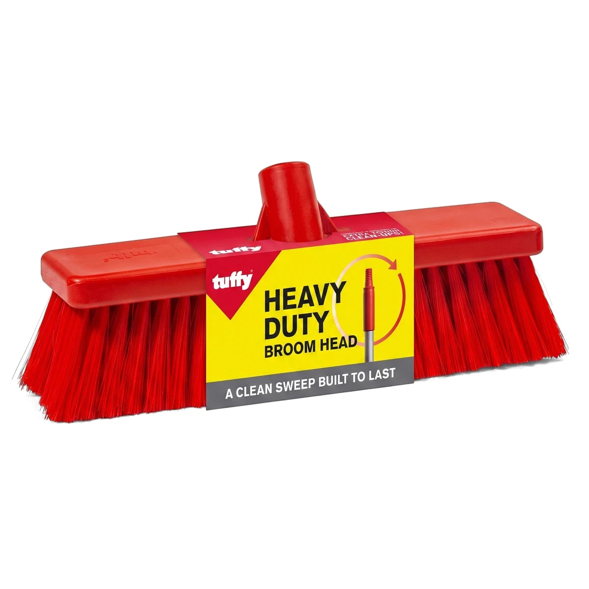 Red Tuffy 300mm heavy duty soft bristle broom head, shown on a white background, designed for thorough cleaning tasks.