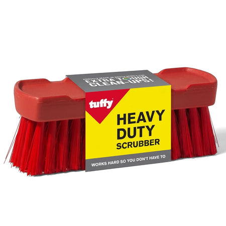 A red Tuffy Hard Bristle Hygiene Brush, 175mm, with heavy-duty scrubbing bristles and a yellow and gray product label,