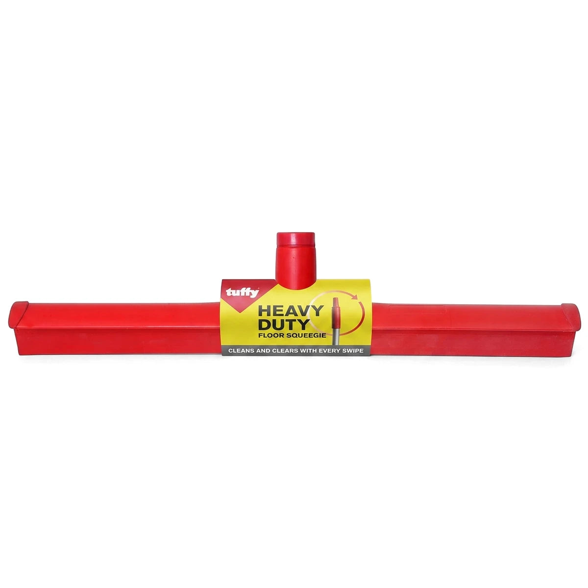Red Tuffy heavy-duty floor squeegee with a yellow and red label, designed for cleaning and clearing floors.