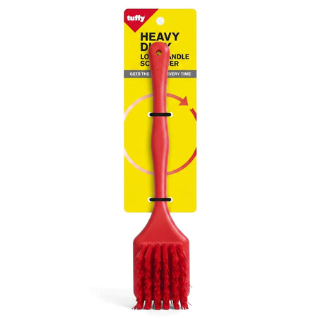 Red Tuffy heavy duty long handle hygiene brush, packaged on a yellow retail card with branding and product details.