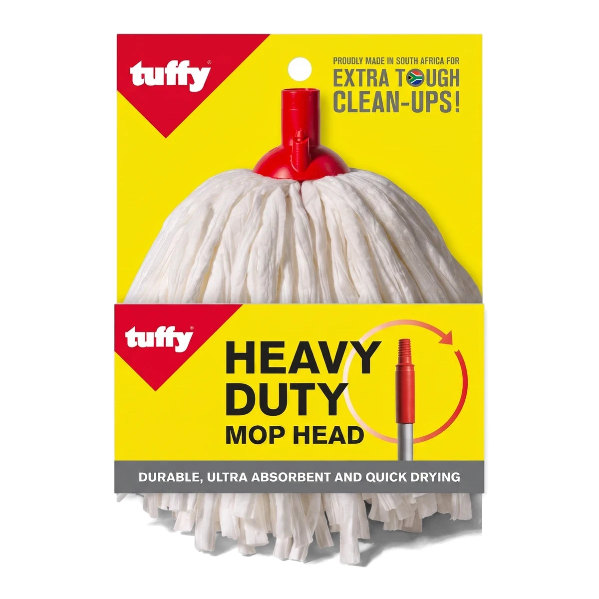 Tuffy Spunlace Mop Head Replacement in packaging, featuring white absorbent fibers and a red plastic connector for