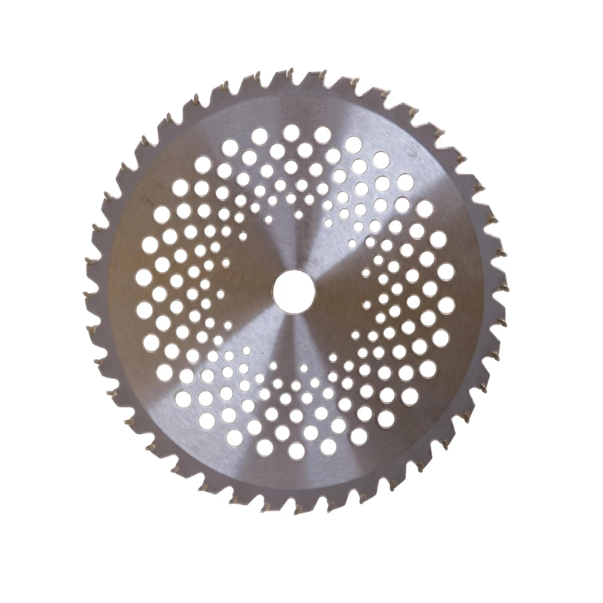 Silver-toned tungsten-tipped saw blade for a brush cutter, featuring sharp teeth and multiple ventilation holes.